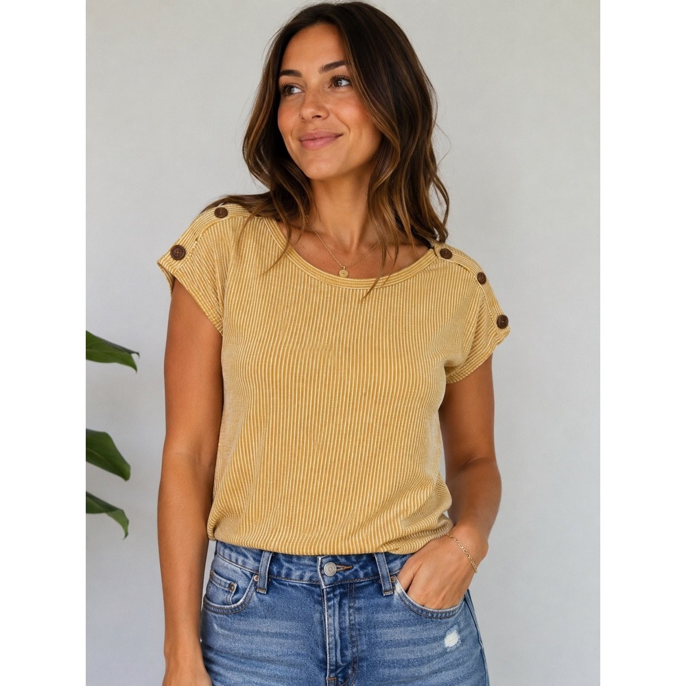 W5 Womens Mustard Yellow Striped Button Shoulder Top Size M 23225ALS Made in USA
